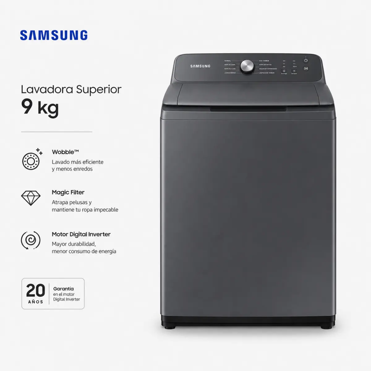 LAVADORA SAMSUNG 9 KG SUPERIOR (GRIS)